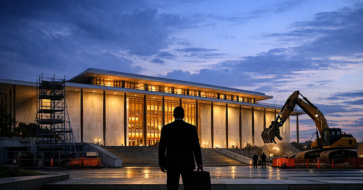 Modernist performing arts center exterior at dusk with silhouetted figure on entrance steps