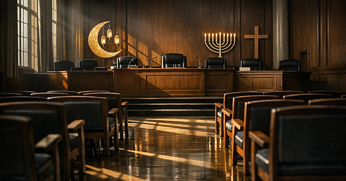 Empty city council chamber with wooden seats and raised dais, dramatic window lighting casting shadows across floor