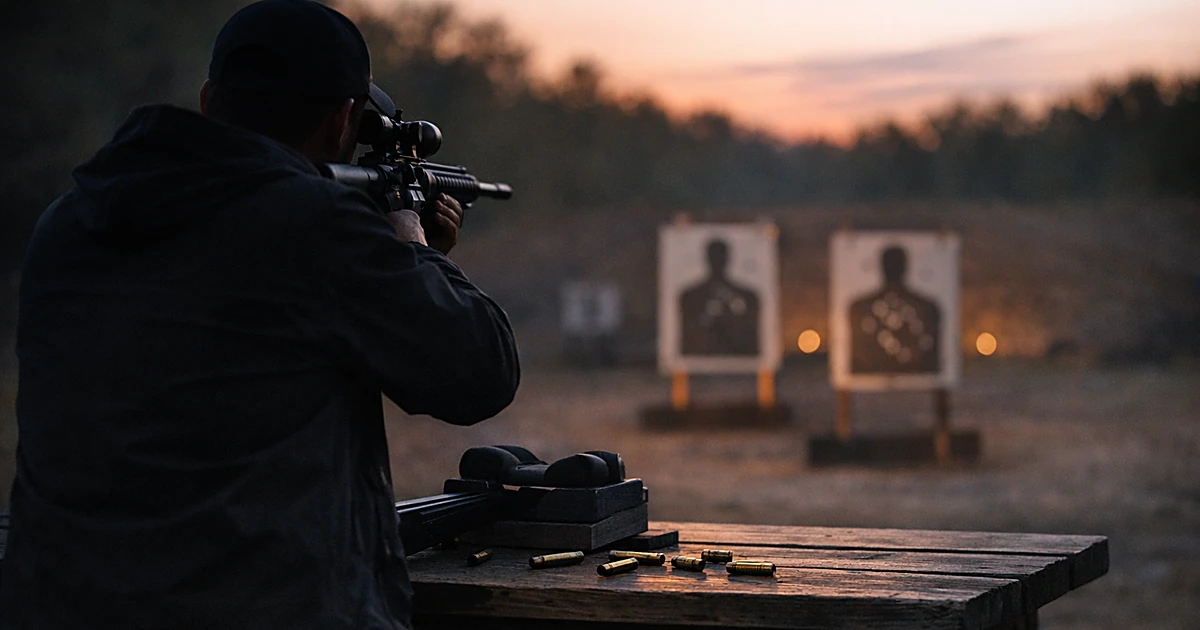 Outdoor shooting range at dusk with shooting bench, shell casings, and silhouetted figure at firing line