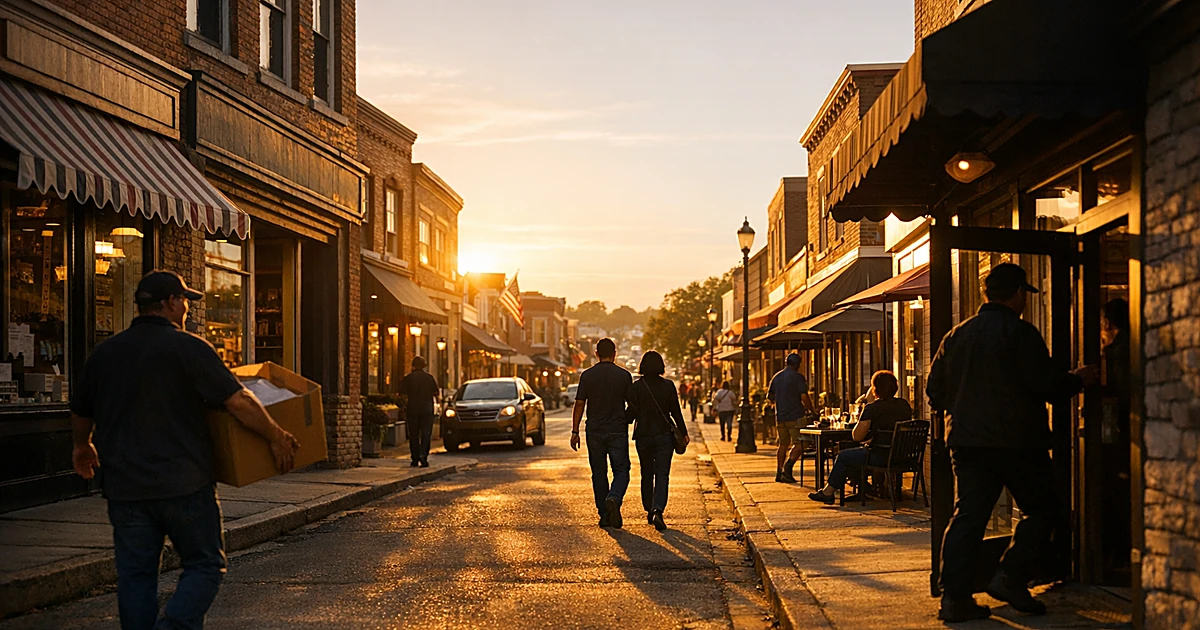 Main Street storefronts with silhouetted business owners and customers at golden hour