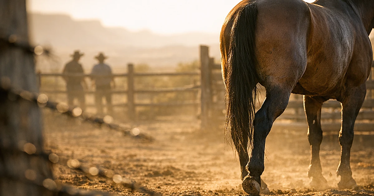 Horse standing in dusty Texas corral with barbed wire fence and distant mesas at sunset