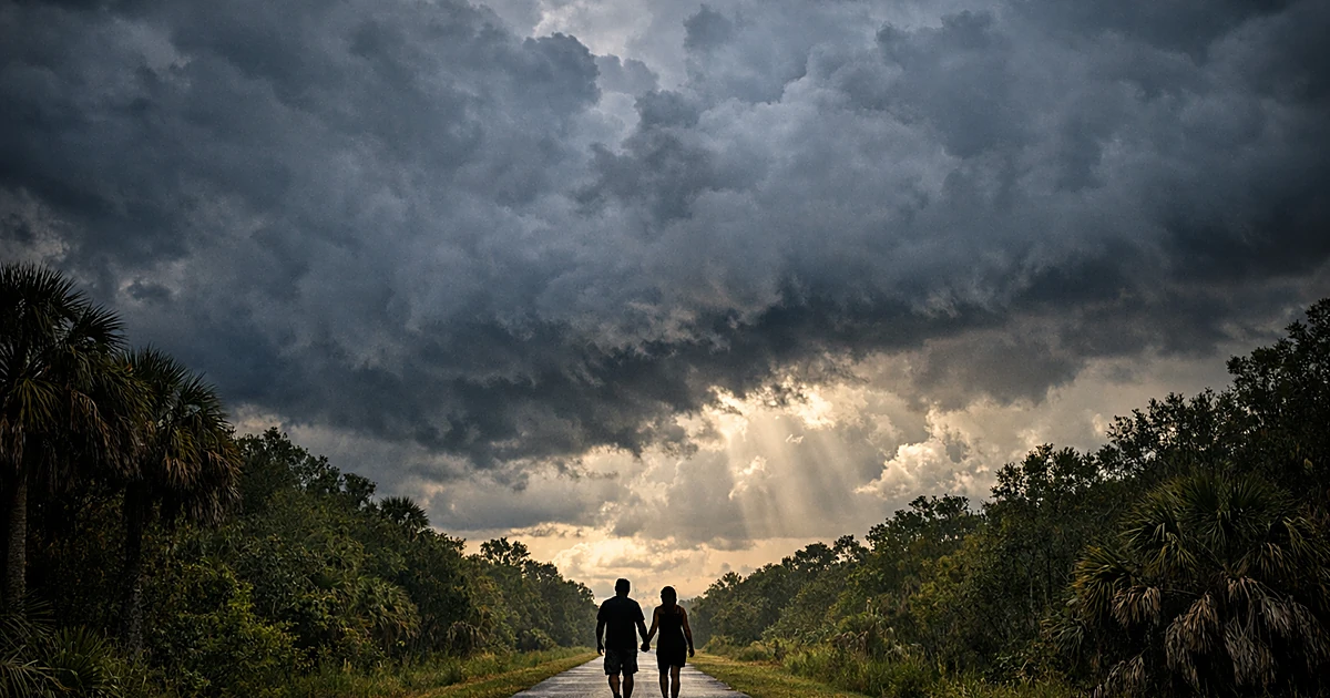 Empty paved trail through Florida vegetation under dark storm clouds with distant figures walking