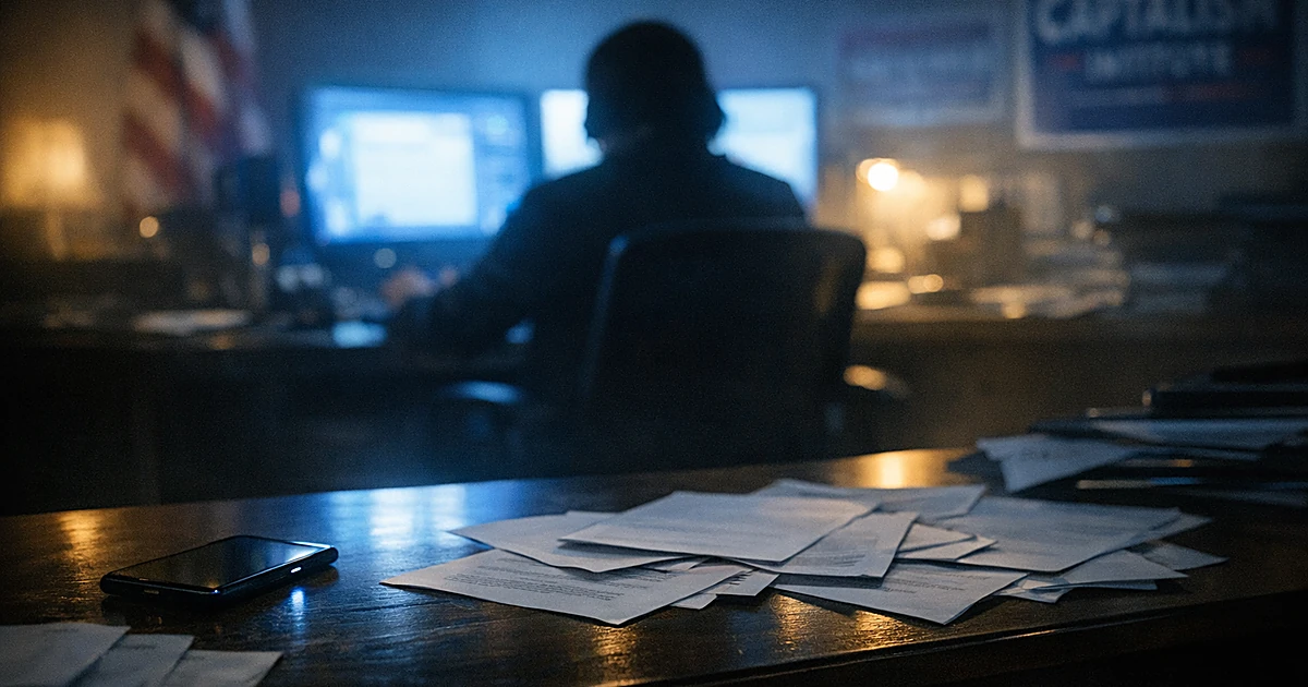 Campaign office desk with papers and phone, silhouetted figure at computer workstation in background
