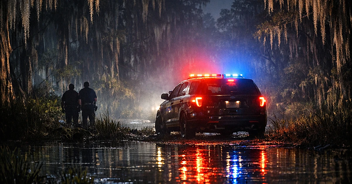 Police cruiser with emergency lights flashing at edge of dark Florida swamp at night
