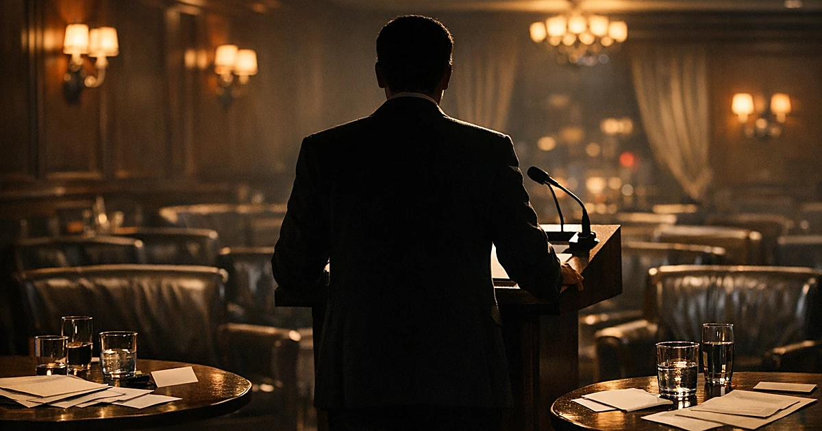 Silhouetted figure at podium in upscale fundraising venue with empty chairs and warm interior lighting