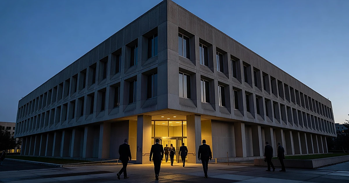 FBI headquarters entrance at dusk with silhouetted figures walking through illuminated doorway