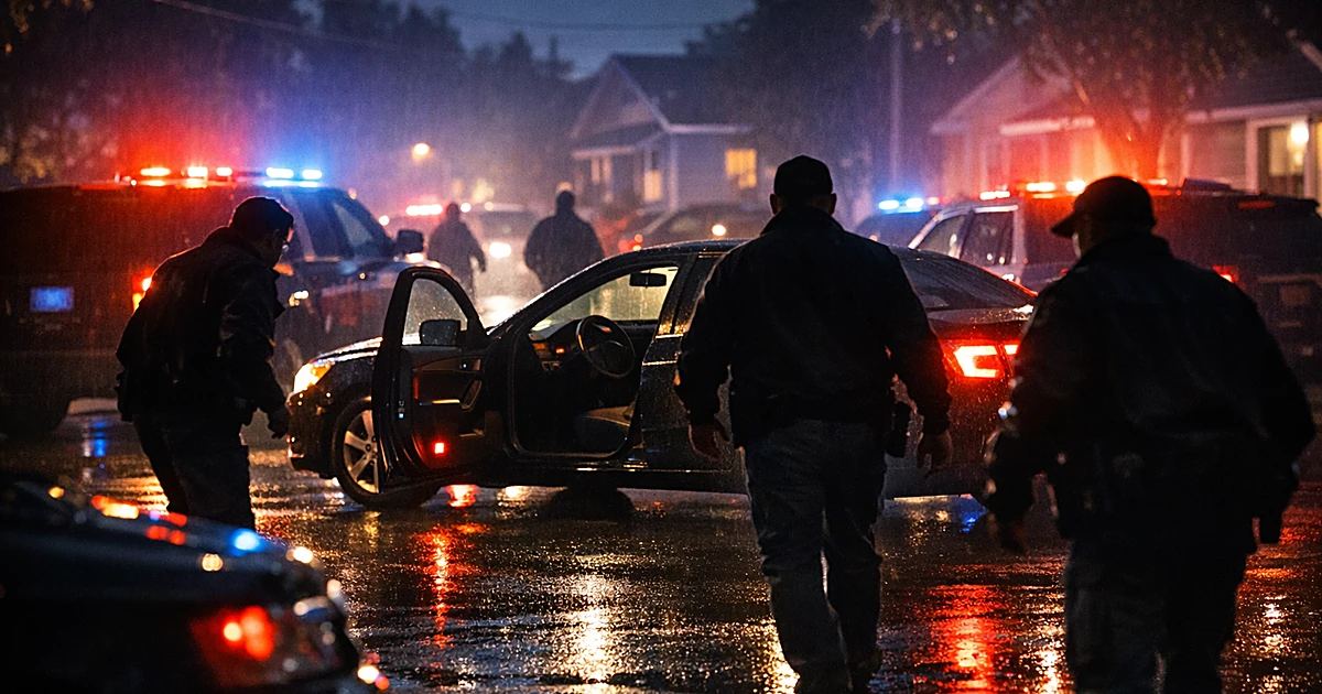 Unmarked vehicles with emergency lights on residential street at night with silhouetted figures in plain clothes