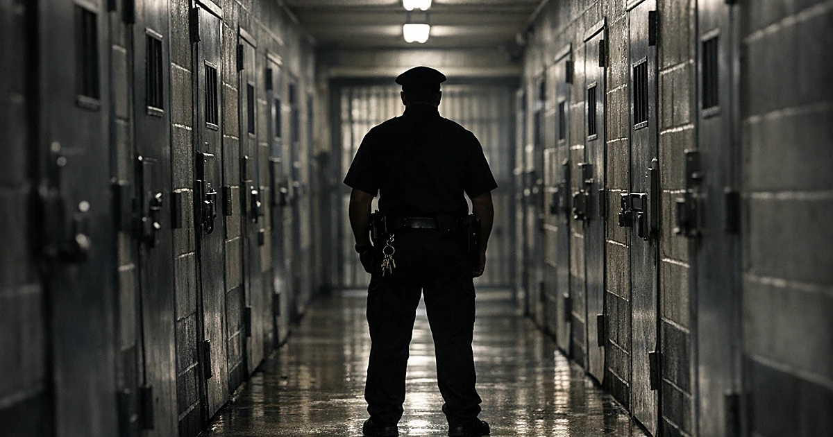Federal courthouse holding cell corridor with steel doors and silhouetted corrections officer