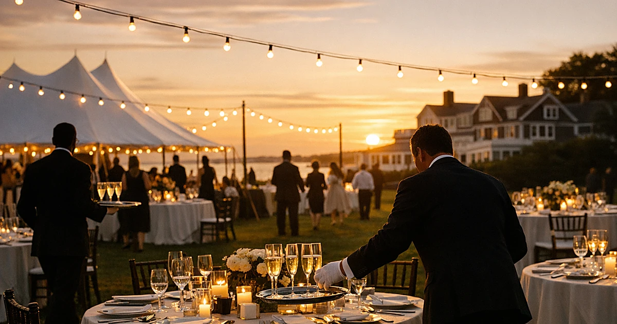 Catering staff in silhouette preparing elaborate outdoor event on estate lawn at sunset with white tent and string lights