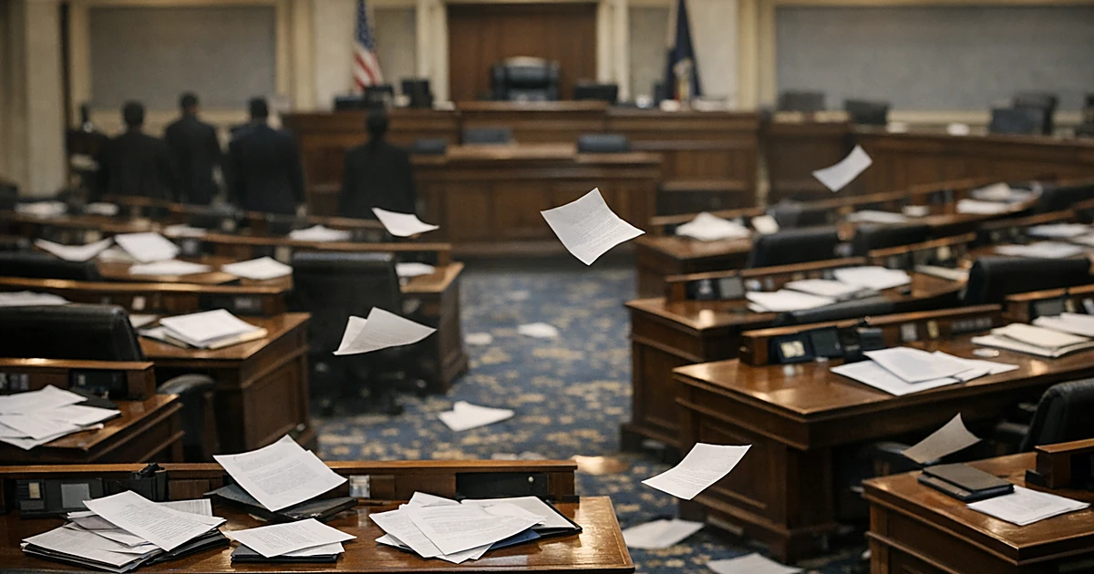 Empty legislative chamber with scattered papers on wooden desks, overhead view showing institutional setting