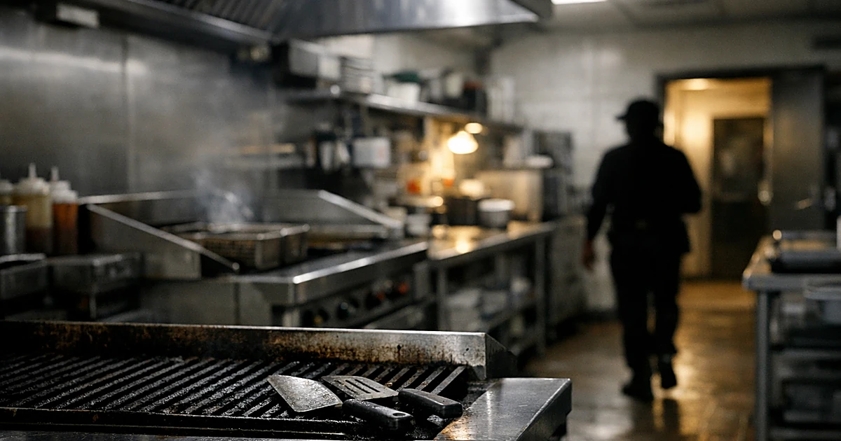 Commercial kitchen with industrial grill and stainless steel work surfaces under fluorescent lighting