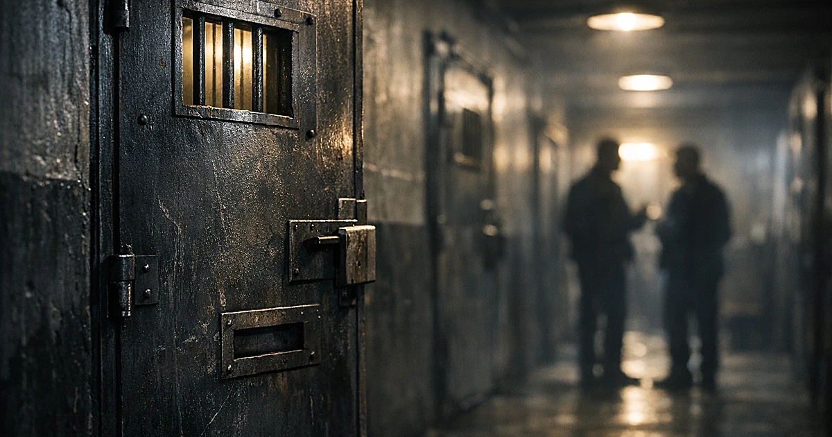 Prison cell door with barred window in dimly lit corridor with silhouetted figures in background