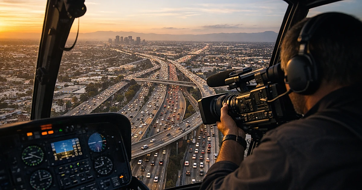 Aerial view from news helicopter cockpit overlooking Los Angeles freeway system with camera operator silhouette