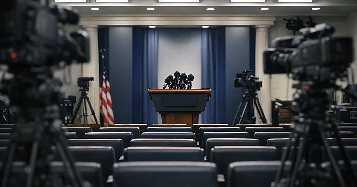 Empty White House press briefing room with abandoned chairs and unmanned microphones on podium