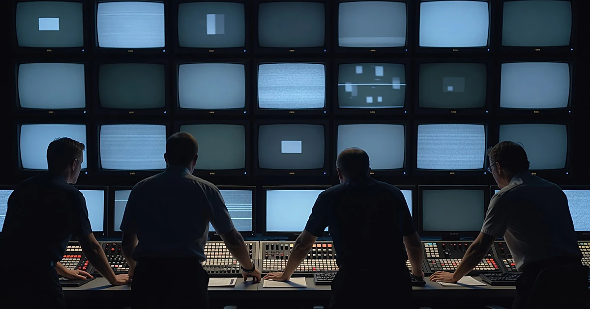Television control room with silhouetted operators at console facing wall of glowing blank monitors