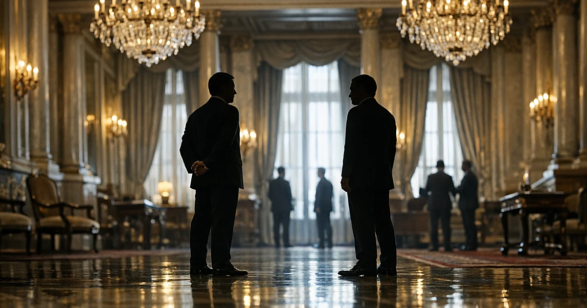 Two silhouetted diplomats standing apart in formal European reception hall with marble floors and chandeliers