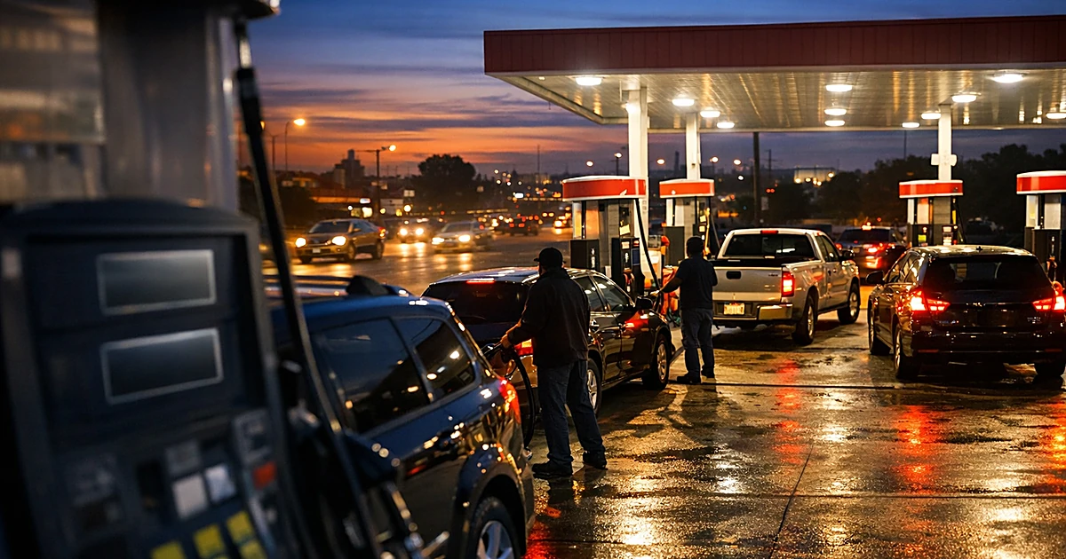 Gas station with multiple fuel pumps and vehicles at dusk under illuminated canopy