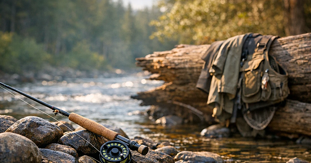 Fly-fishing equipment arranged on rocks beside a Montana stream with forest background