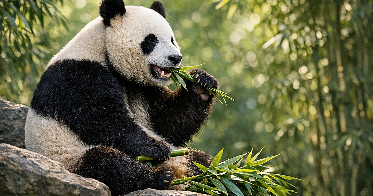 Giant panda reaching for bamboo in natural forest habitat with dappled sunlight