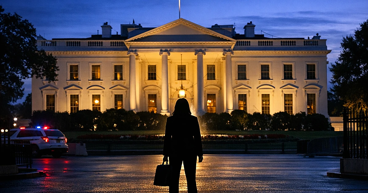 Silhouetted figure standing before illuminated White House at dusk, facing the executive mansion