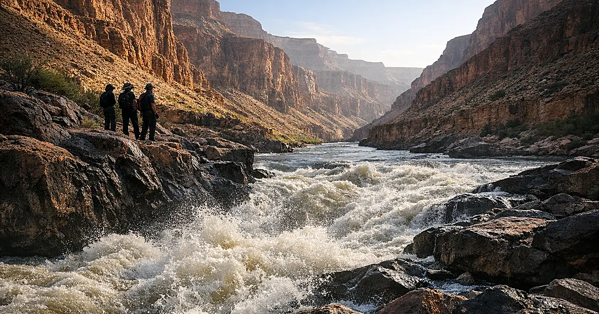 Colorado River rapids flowing through deep canyon walls in remote wilderness area