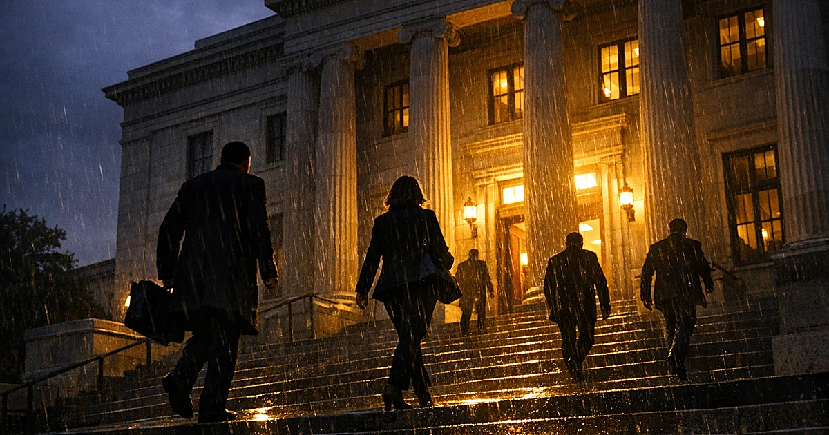 Silhouettes ascending wet courthouse steps at dusk with light reflecting on rain-slicked stone