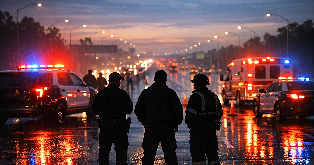 Emergency lights reflecting on wet Interstate 405 highway at dusk with silhouetted first responders
