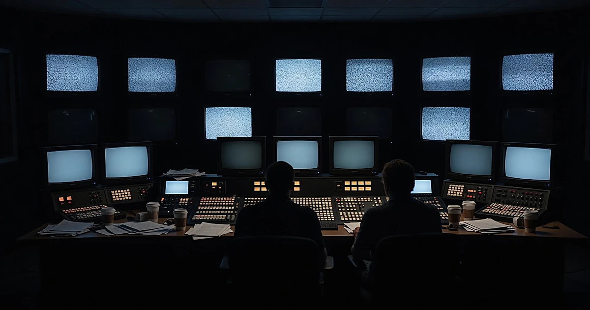 Television production control room with silhouetted crew members at console facing blank monitors
