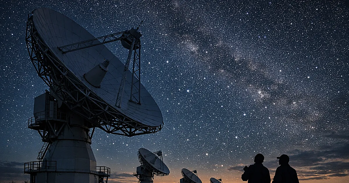 Large radio telescope dishes pointed toward starry twilight sky in expansive array formation