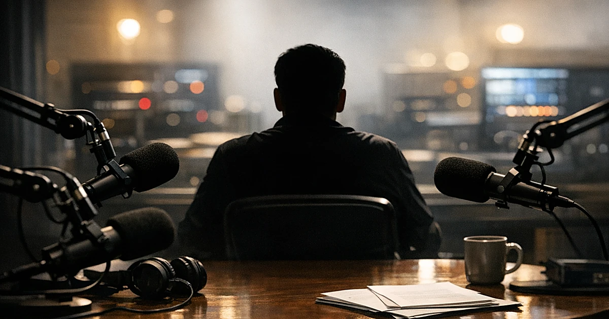 Professional podcast studio with microphones and silhouetted figure at broadcast table