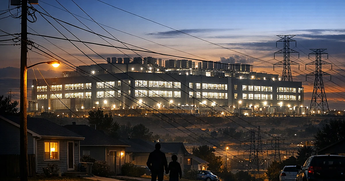 Large illuminated data center facility at dusk towering behind residential homes with power lines connecting them