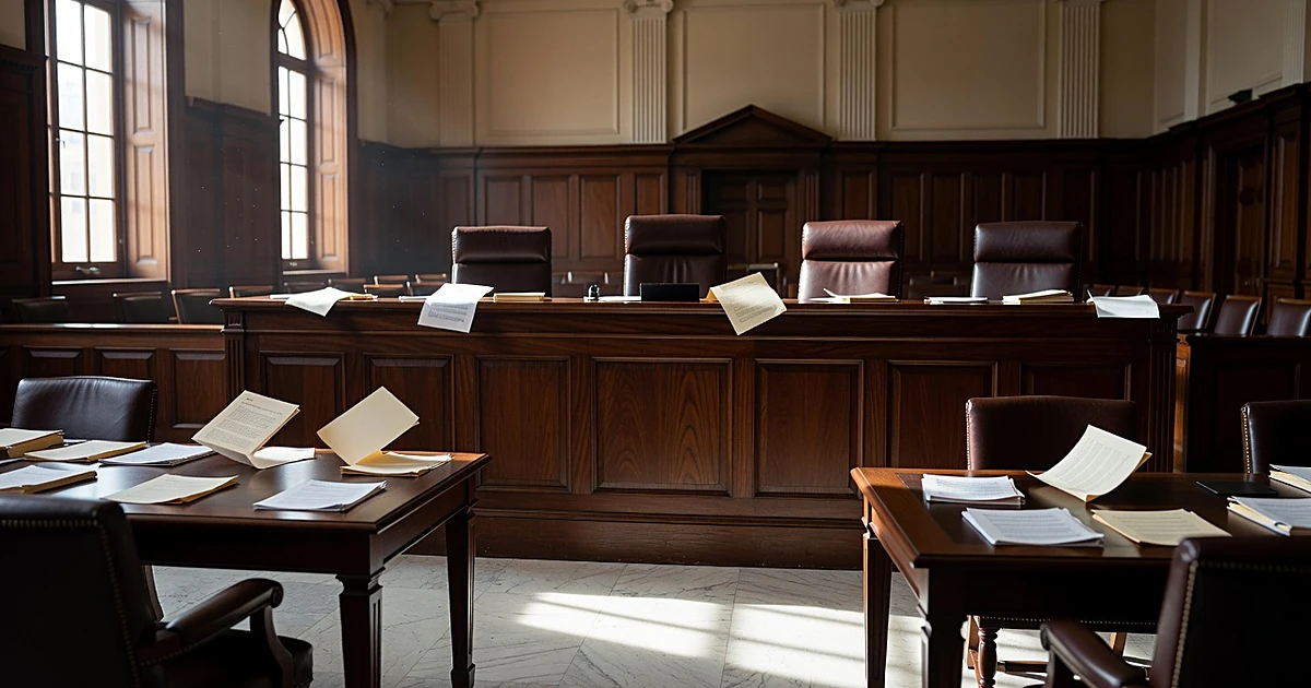 Empty federal courtroom with scattered legal documents on tables and dramatic window light casting shadows