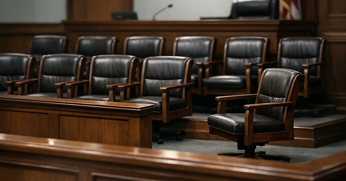 Empty jury box with one chair separated from the group in a courtroom interior