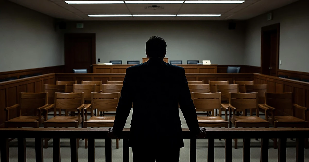 Empty jury box with silhouetted figure standing at railing in courtroom interior