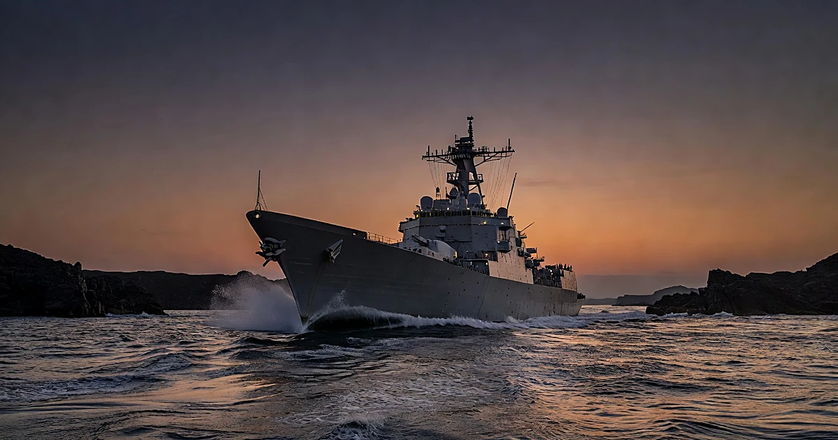 Military warship moving through narrow strait waters at dusk with rocky coastlines on both sides
