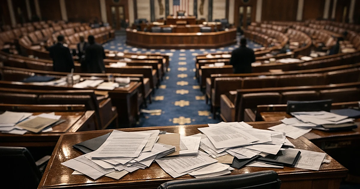 Empty congressional chamber with scattered papers on desks, wide angle view showing rows of seats and central aisle