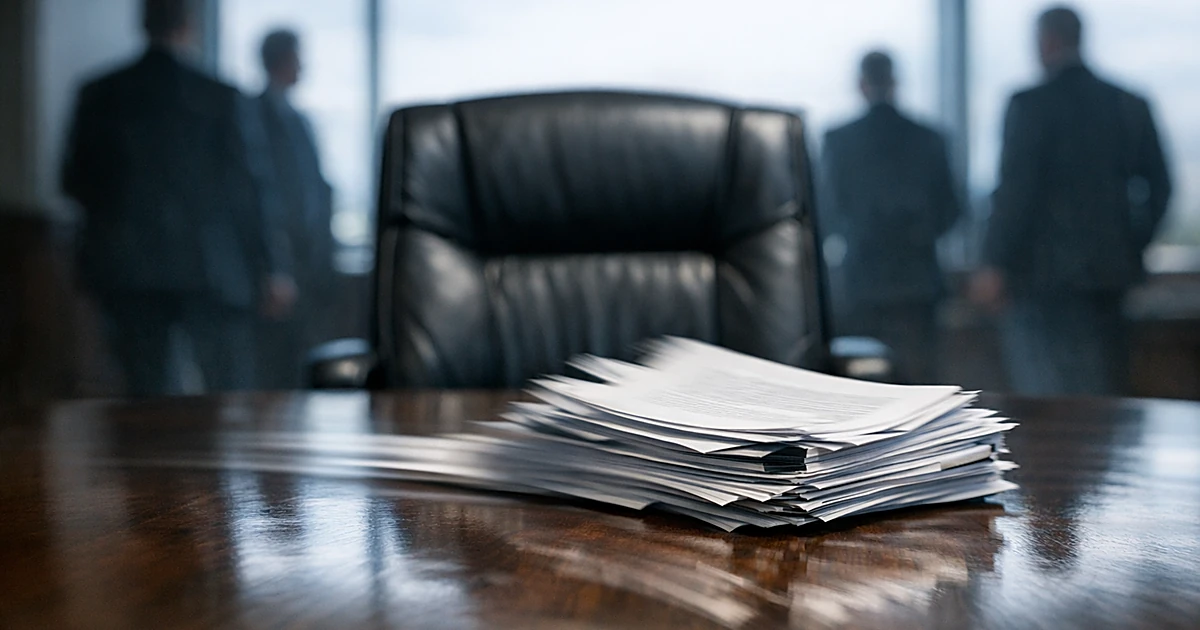 Legal documents sliding across boardroom table toward empty chair with silhouetted figures in background