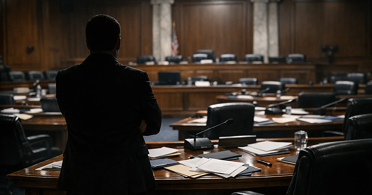 Congressional hearing room with scattered documents and silhouetted figure facing empty chairs