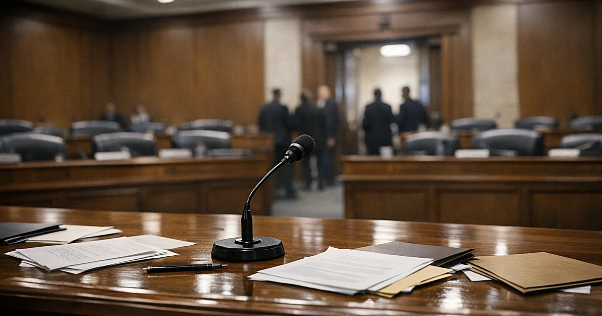 Empty congressional hearing room with witness table, microphone, and scattered documents under harsh overhead lighting