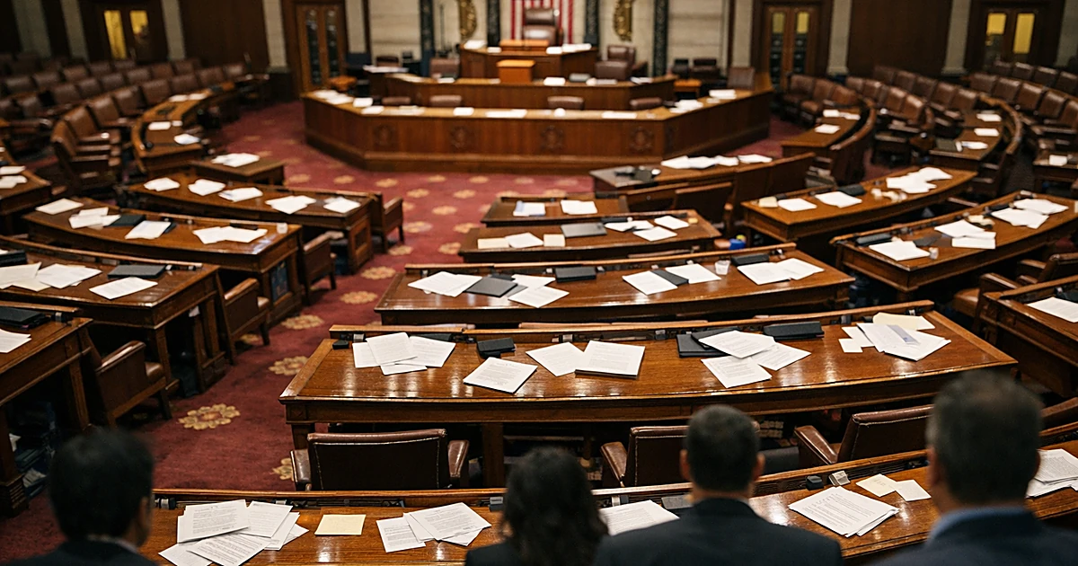 Interior of legislative chamber with empty desks and scattered papers after a congressional vote