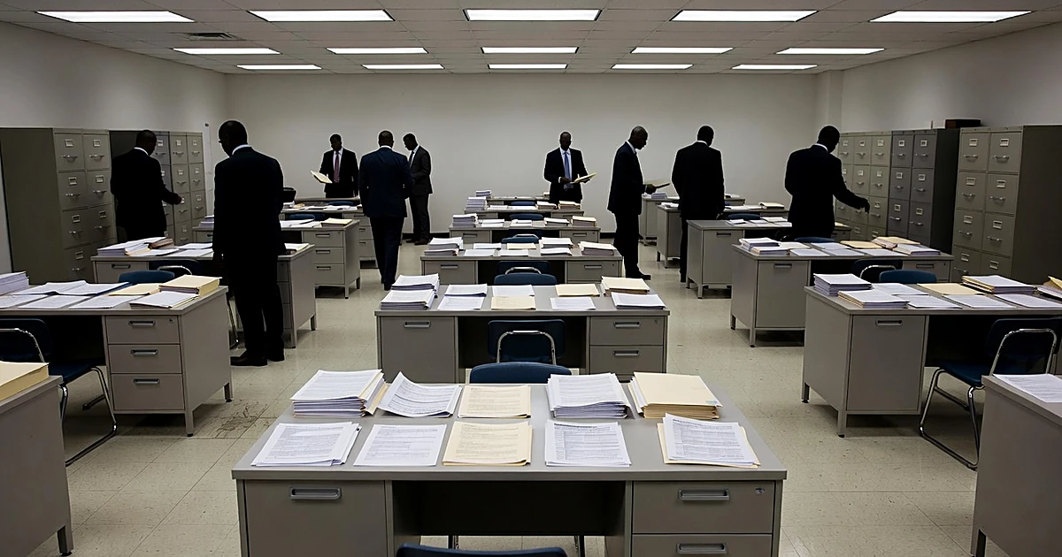Government office interior with scattered paperwork on desks and silhouetted workers moving between filing cabinets