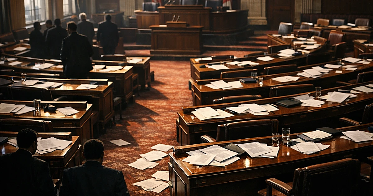 Legislative chamber interior with scattered papers on desks after a congressional vote