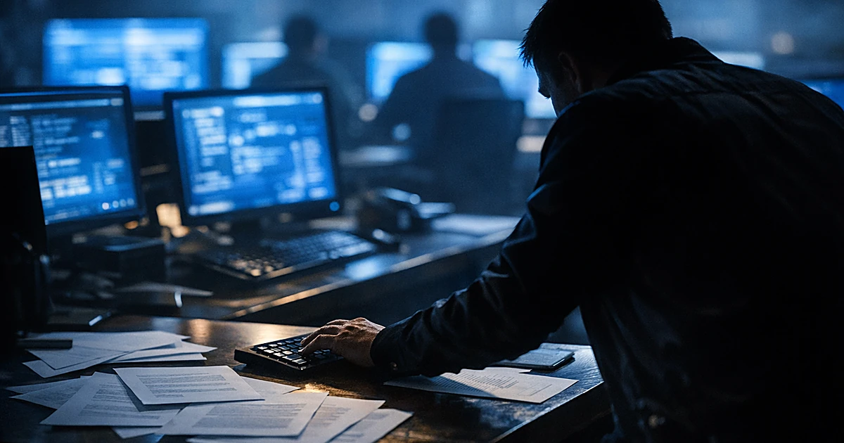 Silhouetted figure working at computer workstation surrounded by glowing screens in dark operations room