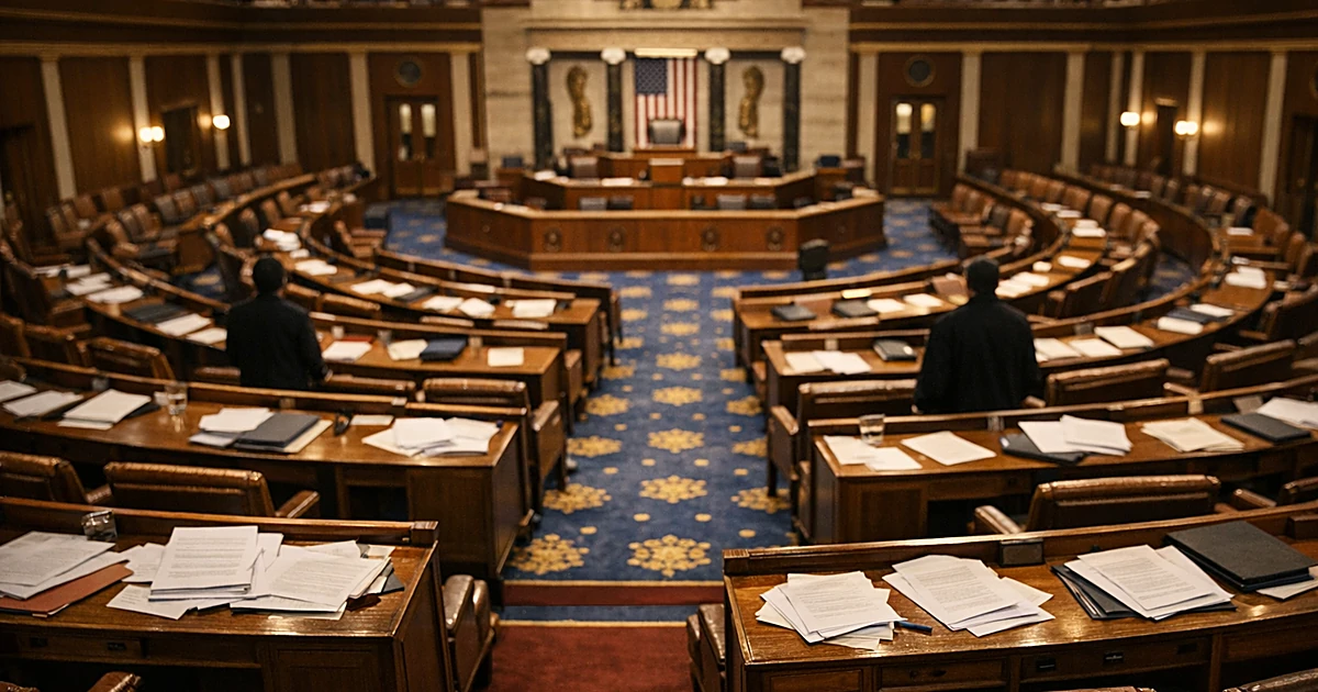 Empty legislative chamber with scattered documents on desks after congressional vote