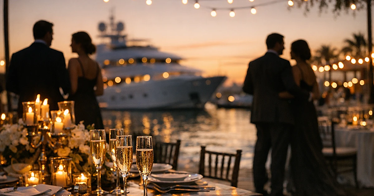 Luxury wedding reception venue with ornate table settings and yacht in background at sunset