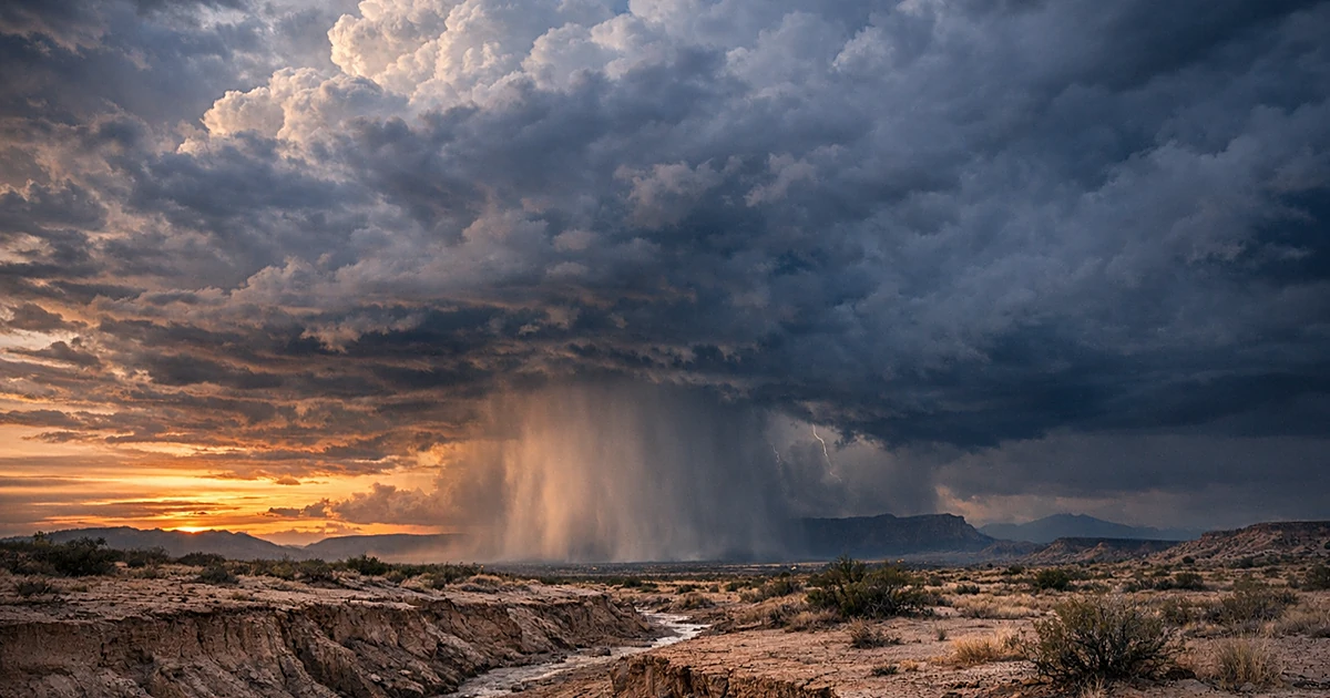 Dark storm clouds gathering over dry New Mexico desert landscape with distant rain visible on horizon