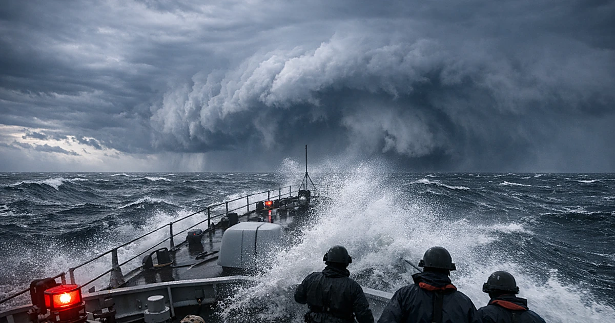 Coast Guard vessel navigating rough Pacific waters under approaching hurricane storm clouds with ocean spray