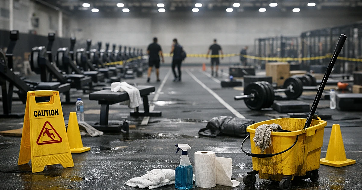 Empty indoor fitness competition venue with rowing machines, weight stations, and yellow caution cones on floor