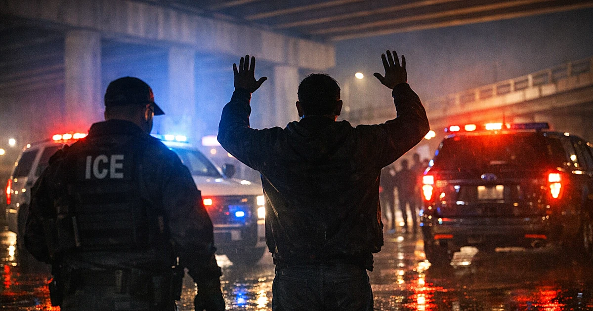Silhouetted figure with hands raised near patrol vehicle under highway overpass with emergency lights at dusk