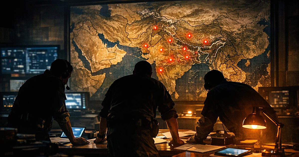 Military intelligence operations room with illuminated regional map and silhouetted analysts reviewing documents